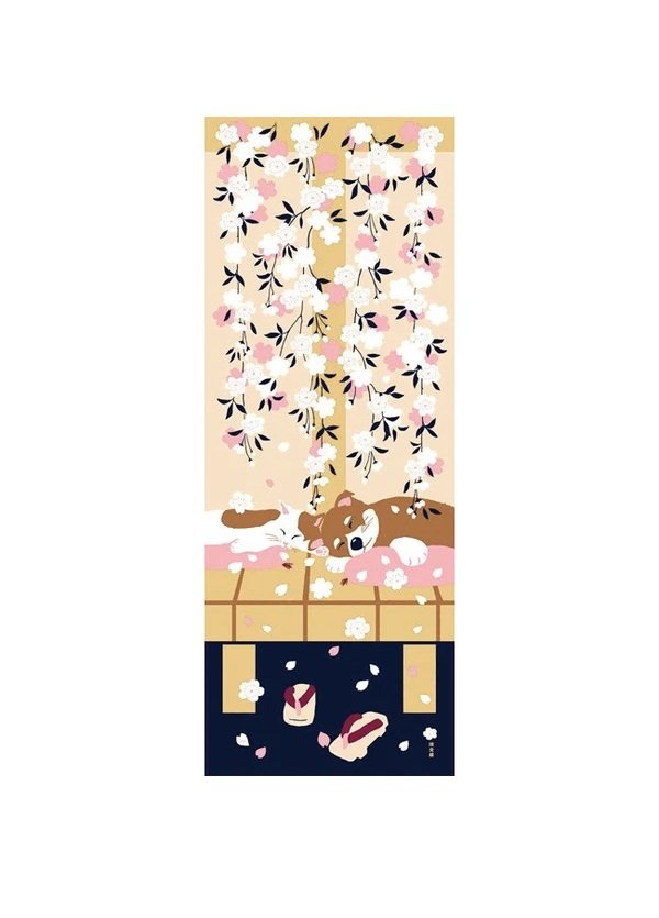 Cotton Tenugui Shiba Dog & Cat w/Blossoms 35.5" x 13.25"