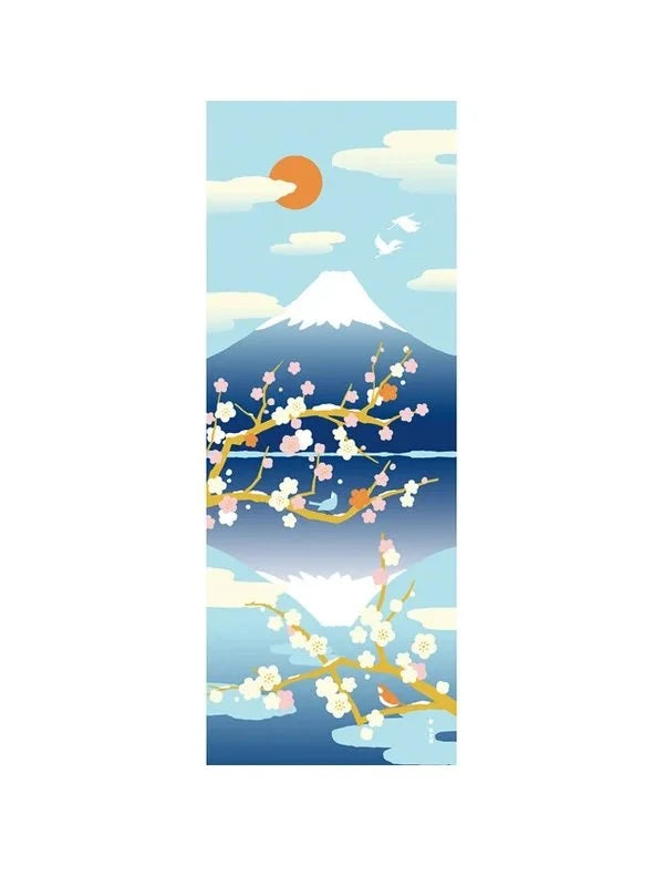 Cotton Tenugui Mt. Fuji & Blossoms 35.5" x 13.25"