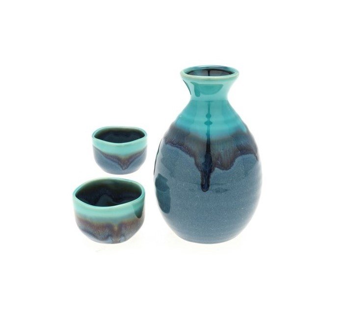 Sake Set w/2 Cups Jade Ocean Blue