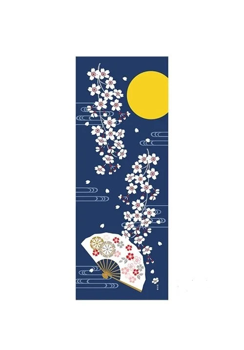 Cotton Tenugui Fan & Blossoms 35.5" x 13.25"