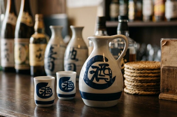 Sake Set w/2 Cups Blue & White Made In Japan