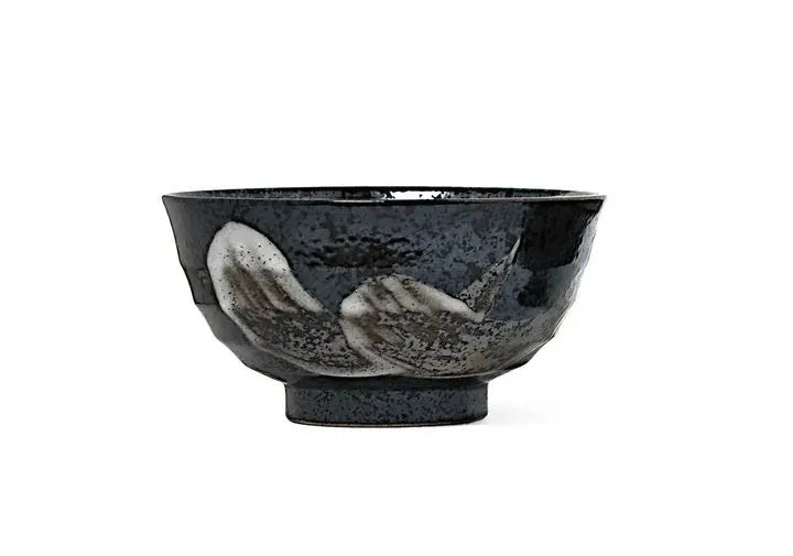 6.75" Donburi/Bowl Black w/White & Brown Brush Strokes