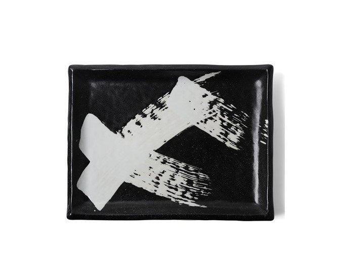 12" x 9" Sushi Plate Black w/White Brushstroke