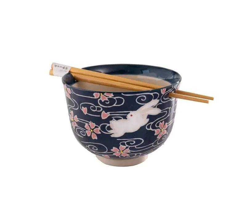5.25" Donburi w/Chopsticks Blue w/Blossoms & Rabbits