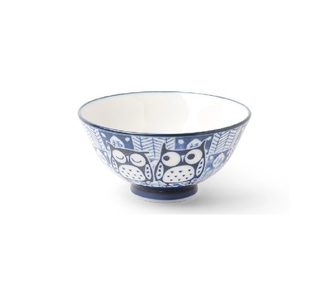 4.25" Blue & White Owls/Good Fortune Rice Bowl